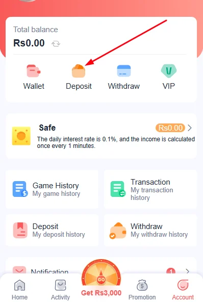 Open the deposit tab